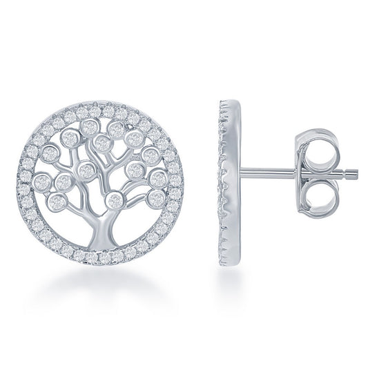 Sterling Silver CZ Round Tree  Earrings