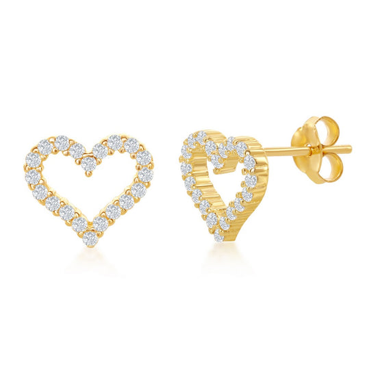 Sterling Silver Open Heart Cubic Zirconia Stud Earrings - Gold Plated