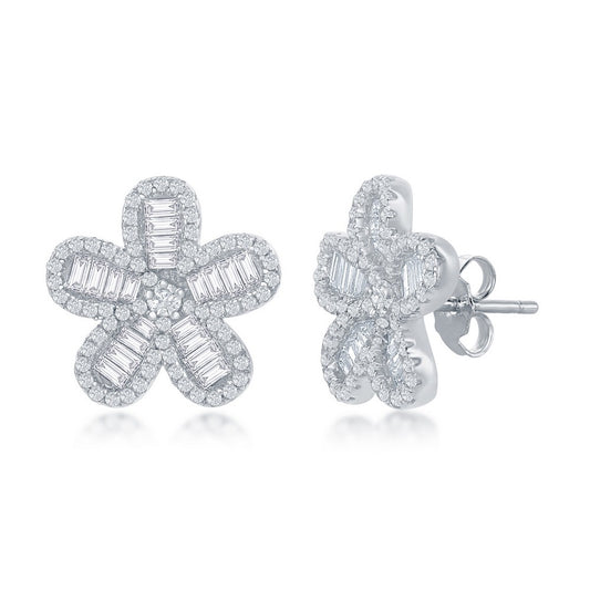 Sterling Silver Baguette CZ Flower Stud Earrings