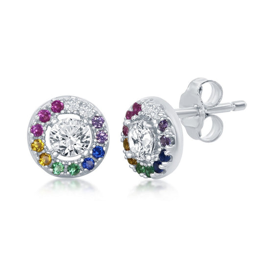 Sterling Silver Center White CZ with Rainbow CZ Border Round Stud Earrings