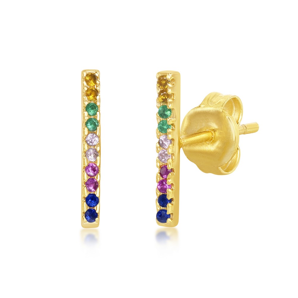 Sterling Silver Rainbow CZ Bar Stud Earrings - Gold Plated