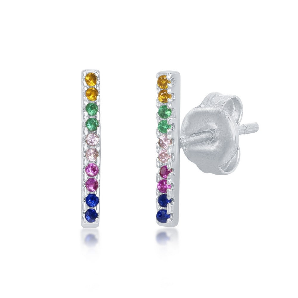 Sterling Silver Rainbow CZ Bar Stud Earrings