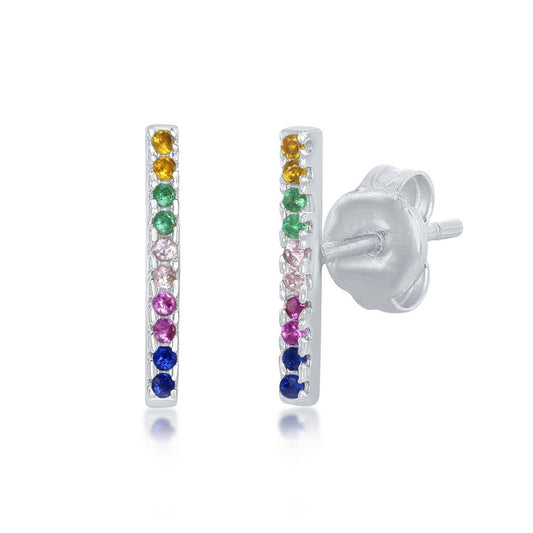 Sterling Silver Rainbow CZ Bar Stud Earrings