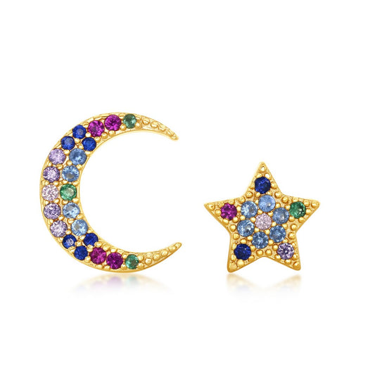 Sterling Silver Crescent Moon and Star Rainbow CZ Stud Earrings - Gold Plated