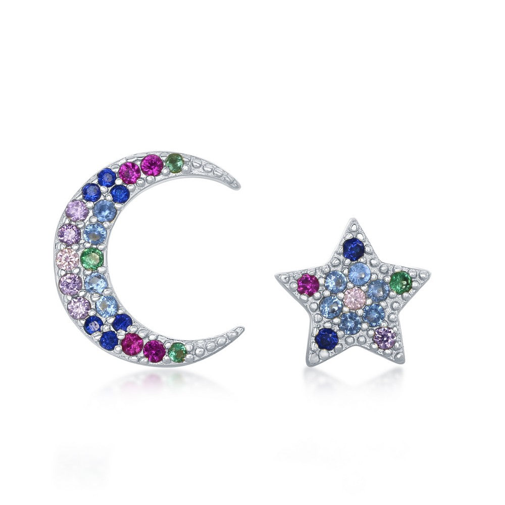 Sterling Silver Crescent Moon and Star Rainbow CZ Stud Earrings