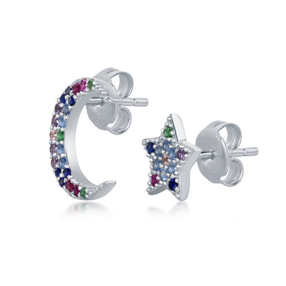 Sterling Silver Crescent Moon and Star Rainbow CZ Stud Earrings