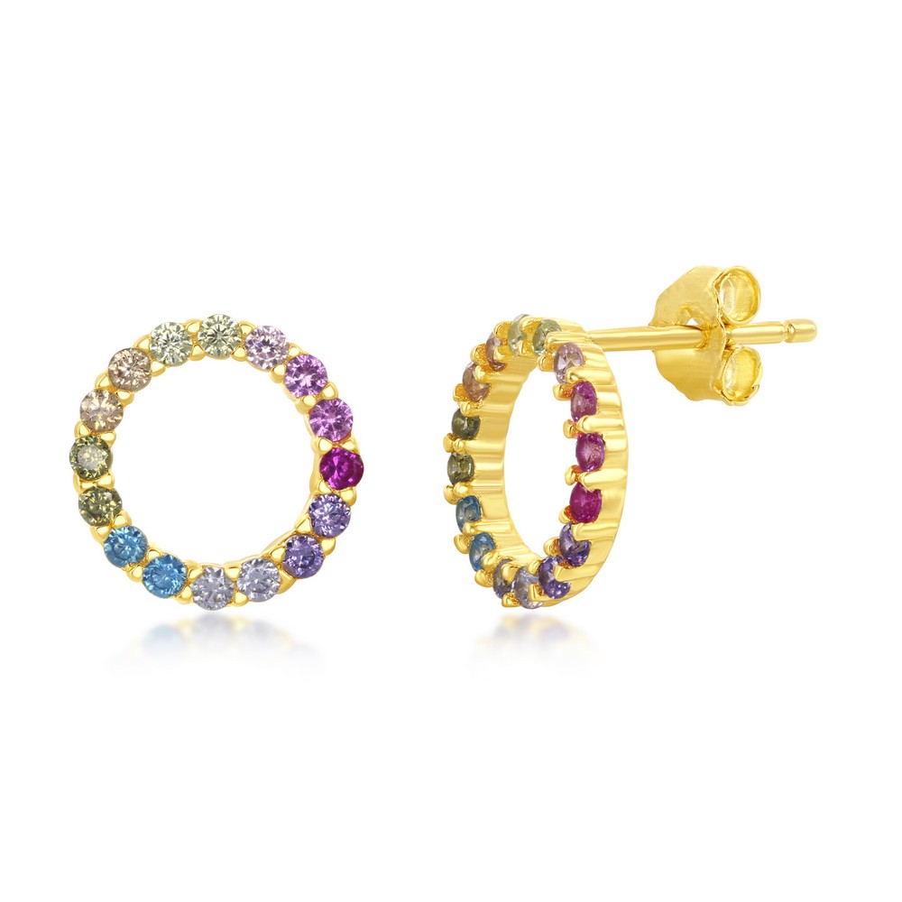 Sterling Silver Rainbow CZ Open Circle Stud Earrings - Gold Plated
