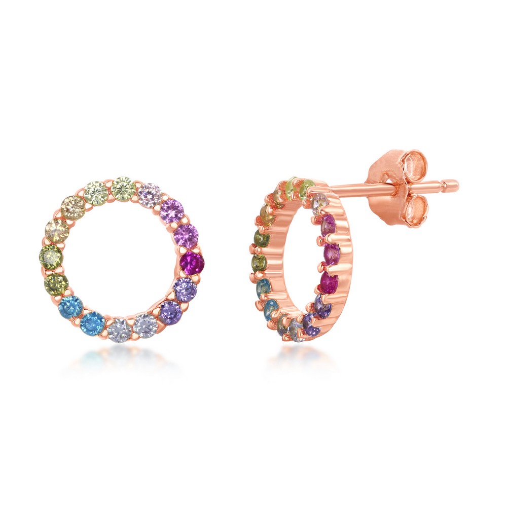 Sterling Silver Rainbow CZ Open Circle Stud Earrings - Rose Gold Plated