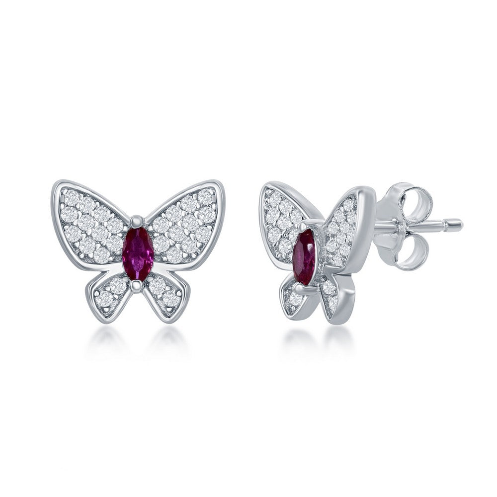 Sterling Silver White & Ruby CZ Butterfly Stud Earrings
