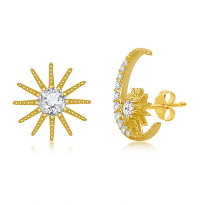 Sterling Silver CZ Sun and Moon Stud Earrings - Gold Plated