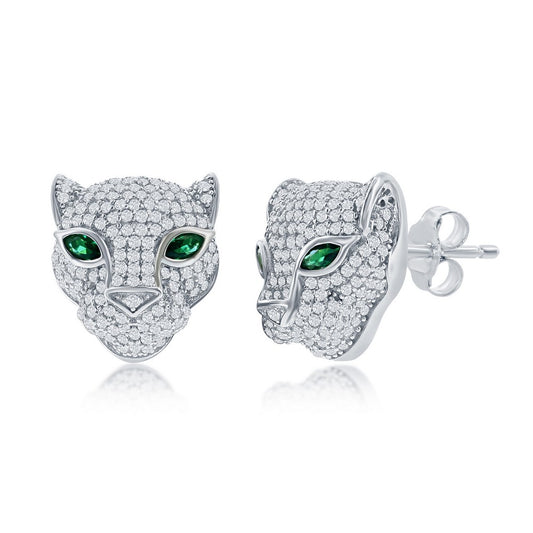 Sterling Silver 15mm CZ Panther w/ Emerald CZ Eyes Stud Earrings