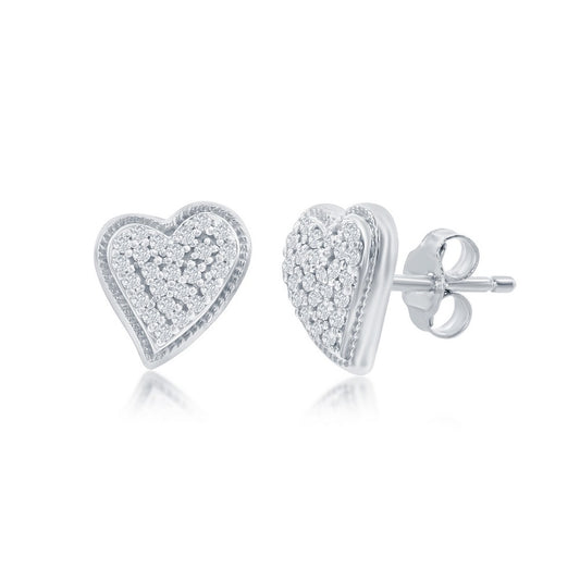 Sterling Silver Heart Diamond Stud Earrings - (50 Stones)