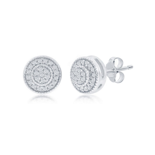 Sterling Silver, Round Halo Diamond Stud Earrings - (46 Stones)