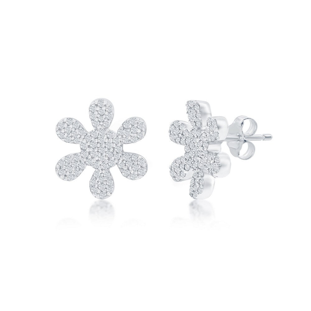 Sterling Silver, Flower Diamond Stud Earrings - (74 Stones)