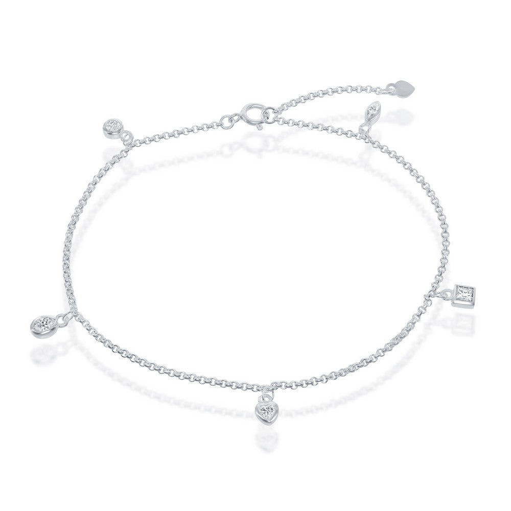 Sterling Silver W/ Hanging Charms CZ Anklet