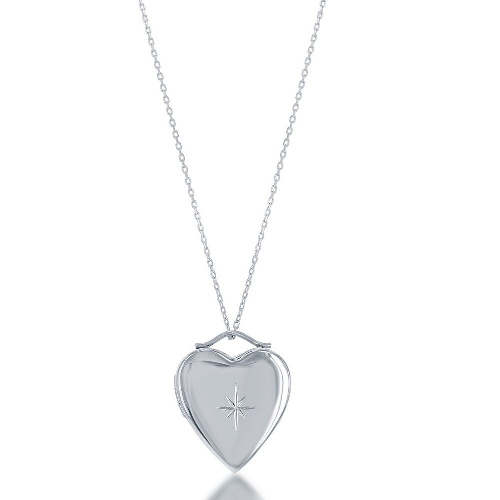 Sterling Silver Diamond-Cut Star Heart Locket W/chain