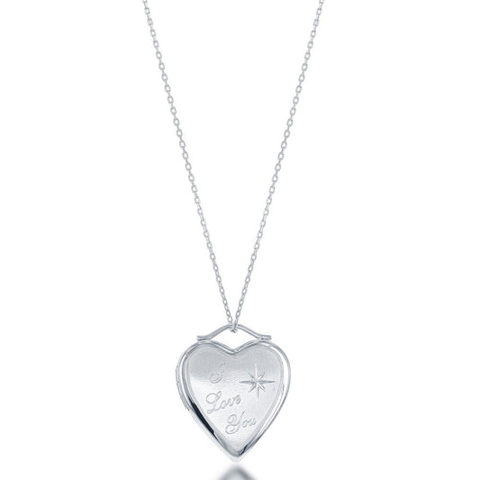 Sterling Silver "I Love You" Diamond-Cut Star Heart Locket W/chain
