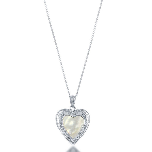 Sterling Silver Mother of Pearl Center Heart Locket W/chain
