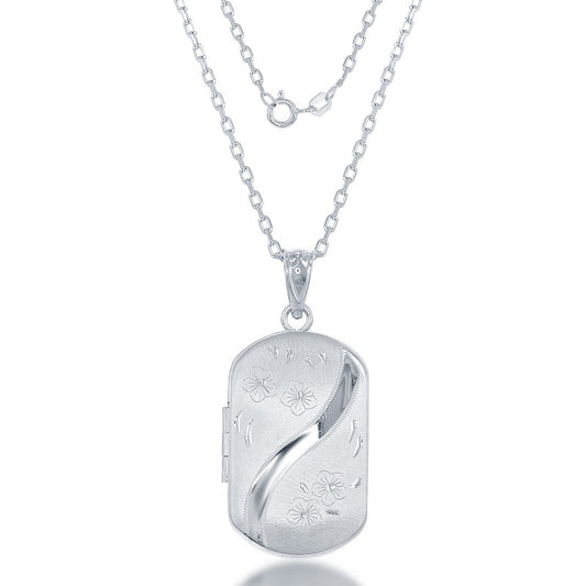 Sterling Silver Diamond Cut Flower Designed Rectangular Locket W/chain
