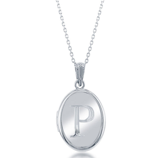 Sterling Silver Shiny Oval with Center "P" Initial Locket W/Chain