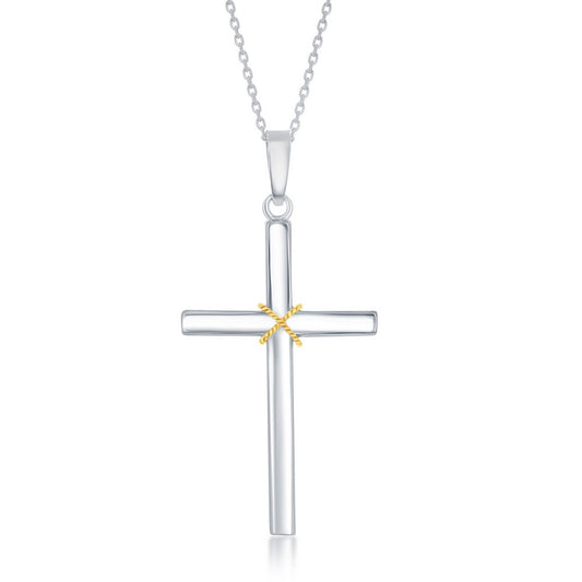 Sterling Silver Rope Design Solid Cross Pendant - Gold Plated