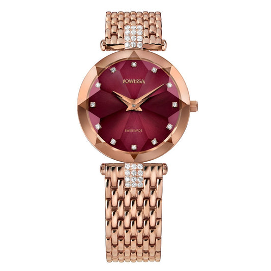 FACET STRASS, Brilliant-Cut, Rose GP Swiss Quartz Watch, 15mm Band - Burgundy Dial | MSRP: $369.90