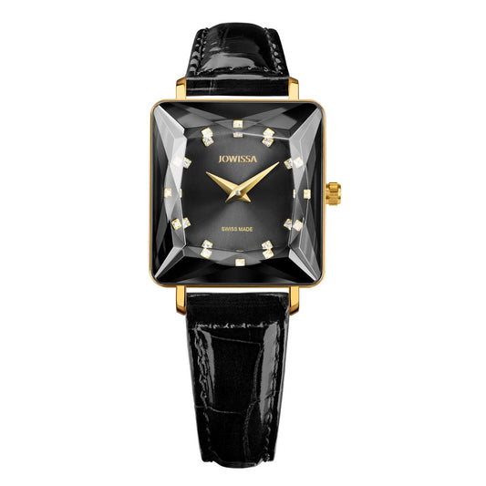 FACET PRINCESS, Princess-Cut, Gold Plated Swiss Quartz Watch, 15mm Band - Black Dial | MSRP: $299.90