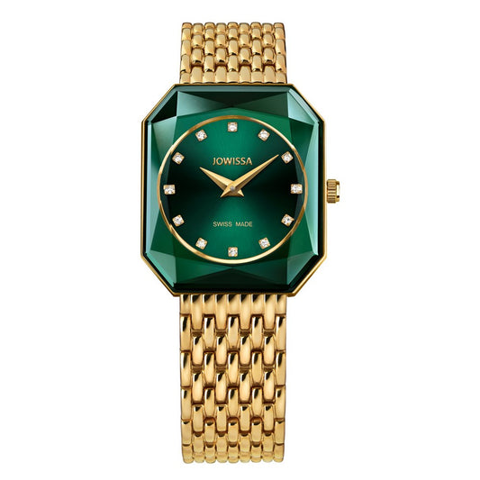 FACET RADIANT, Princess-Cut, Gold Plated Swiss Quartz Watch, 15mm Band - Green Dial | MSRP: $369.90