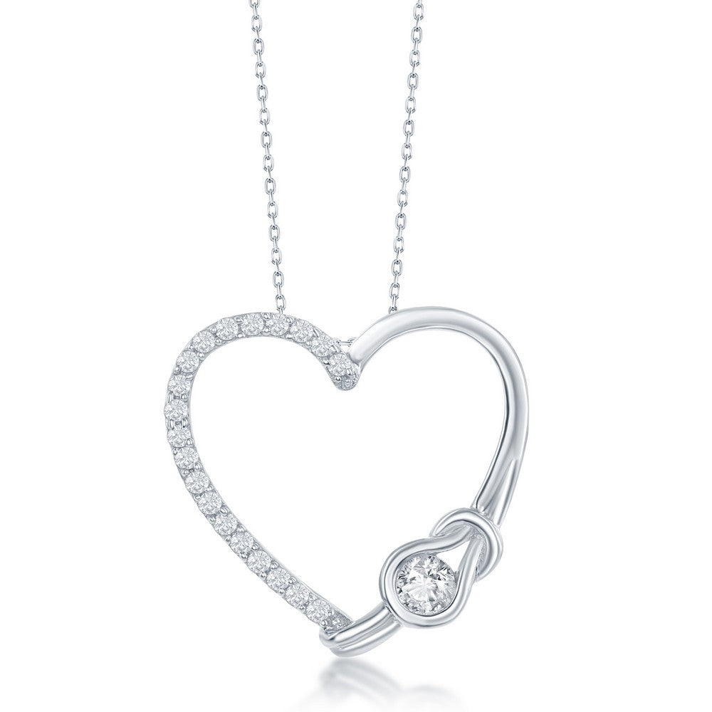Sterling Silver Large Open CZ Heart w/ "Love Knot" Pendant