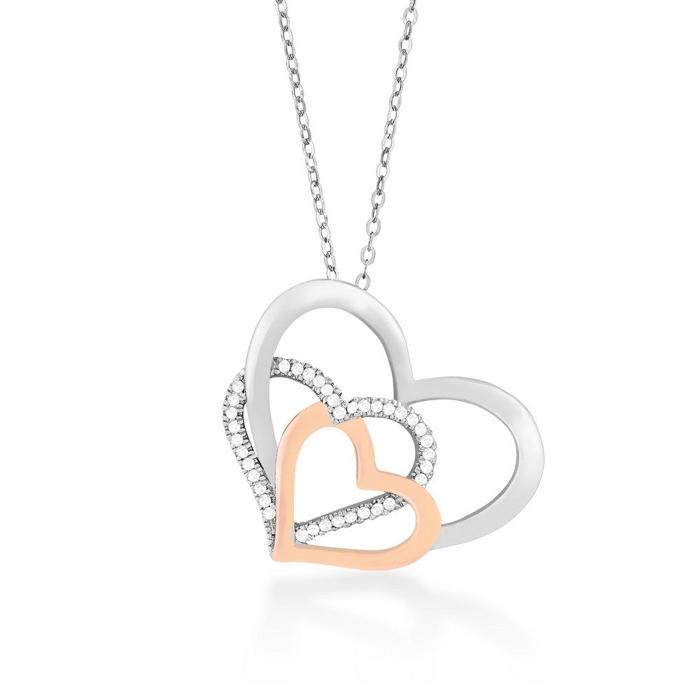 Sterling Silver Shiny, CZ, and Rose-Plated Open Hearts Pendant