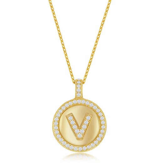 Sterling Silver Micro Pave Circle "V" Pendant W/Chain - Gold Plated