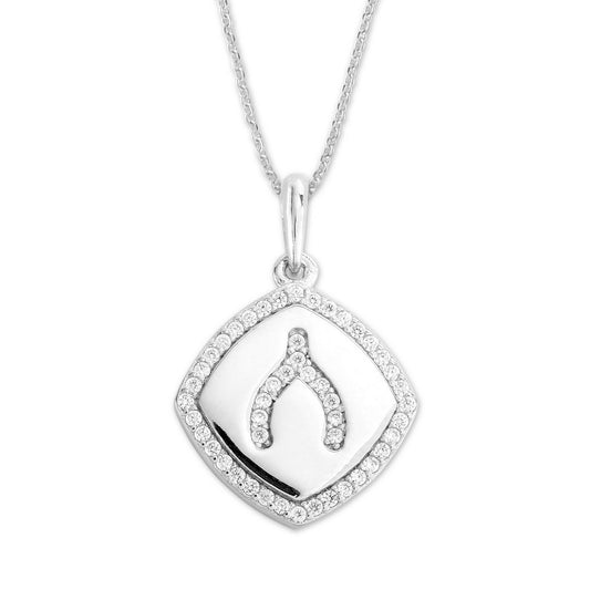 Sterling Silver Square Micro Pave Wishbone Pendant W/Chain