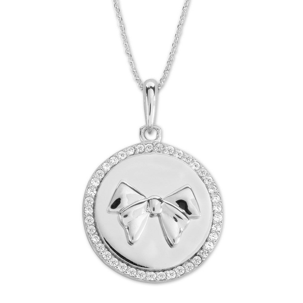 Sterling Silver Round Micro Pave Bow Pendant W/Chain