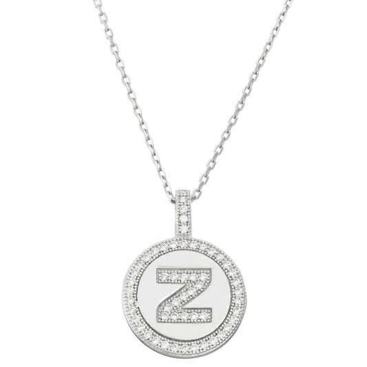 Sterling Silver Micro Pave Circle "Z" Pendant W/Chain