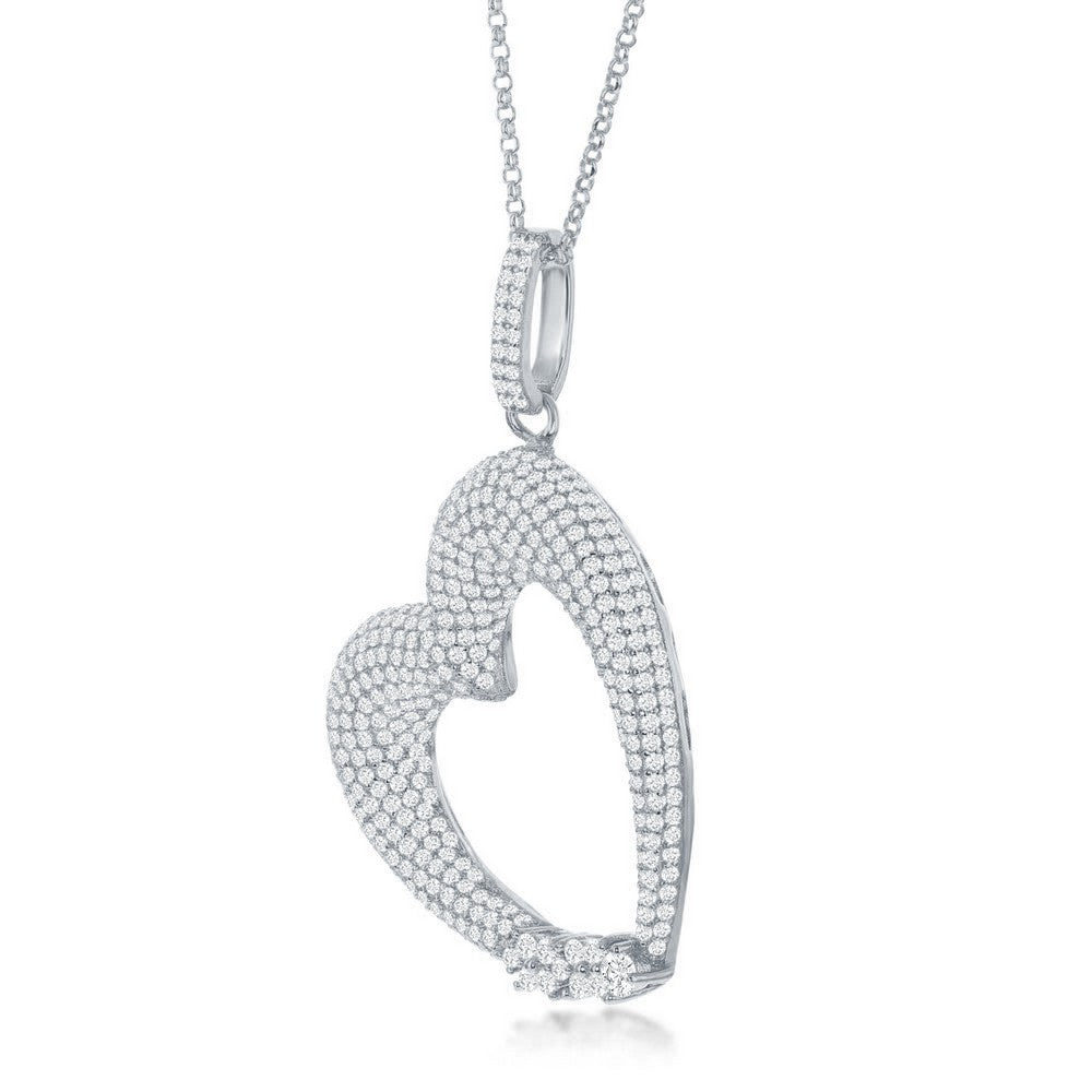 Sterling Silver Large Micro Pave Heart with CZ Pendant W/Chain