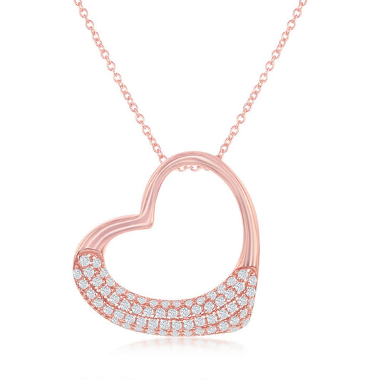 Sterling Silver Half Micro Pave Open Heart Pendant - Rose Gold Plated