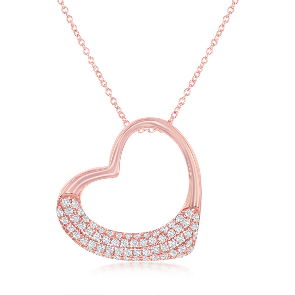 Sterling Silver Half Micro Pave Open Heart Pendant - Rose Gold Plated