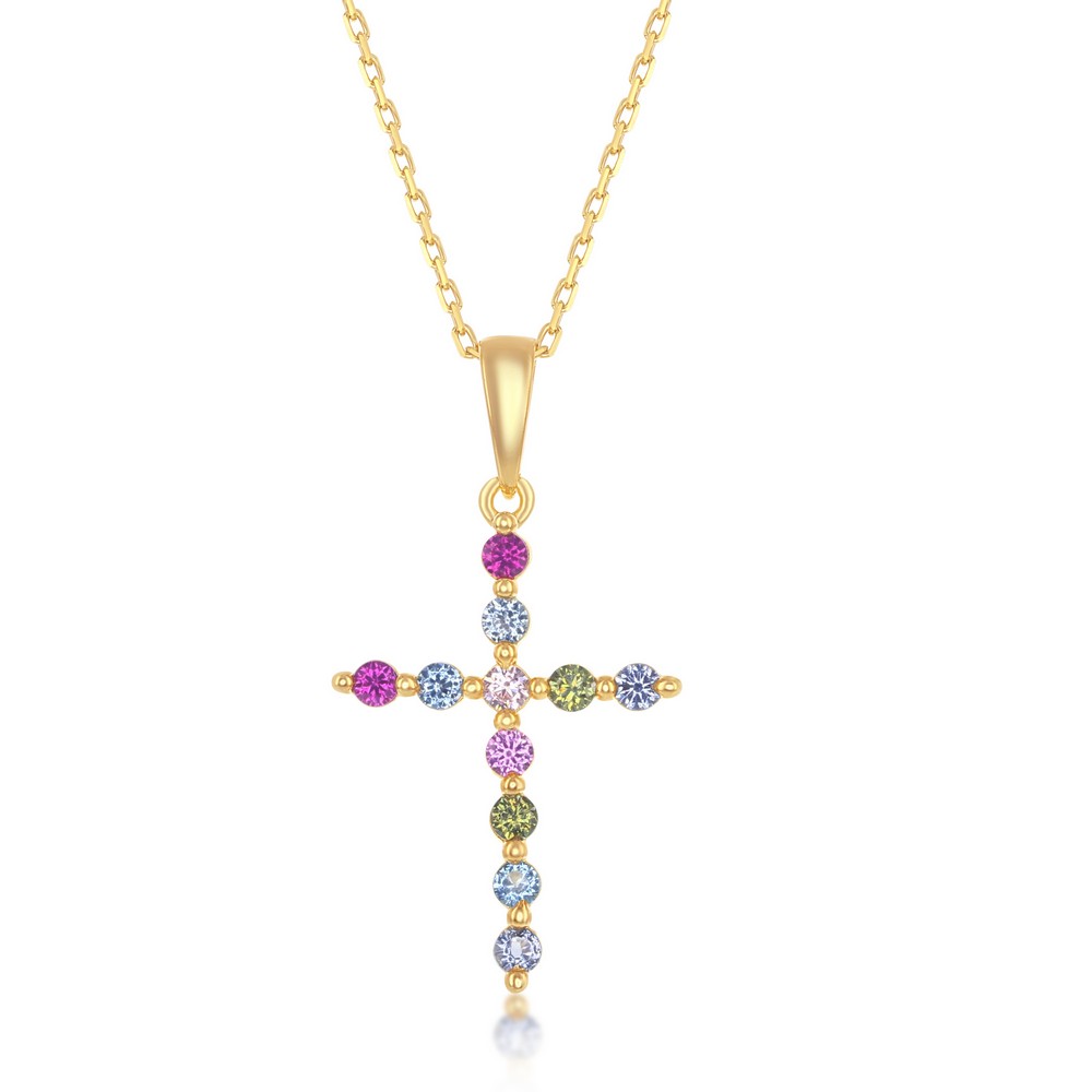 Sterling Silver Rainbow CZ Cross Pendant - Gold Plated