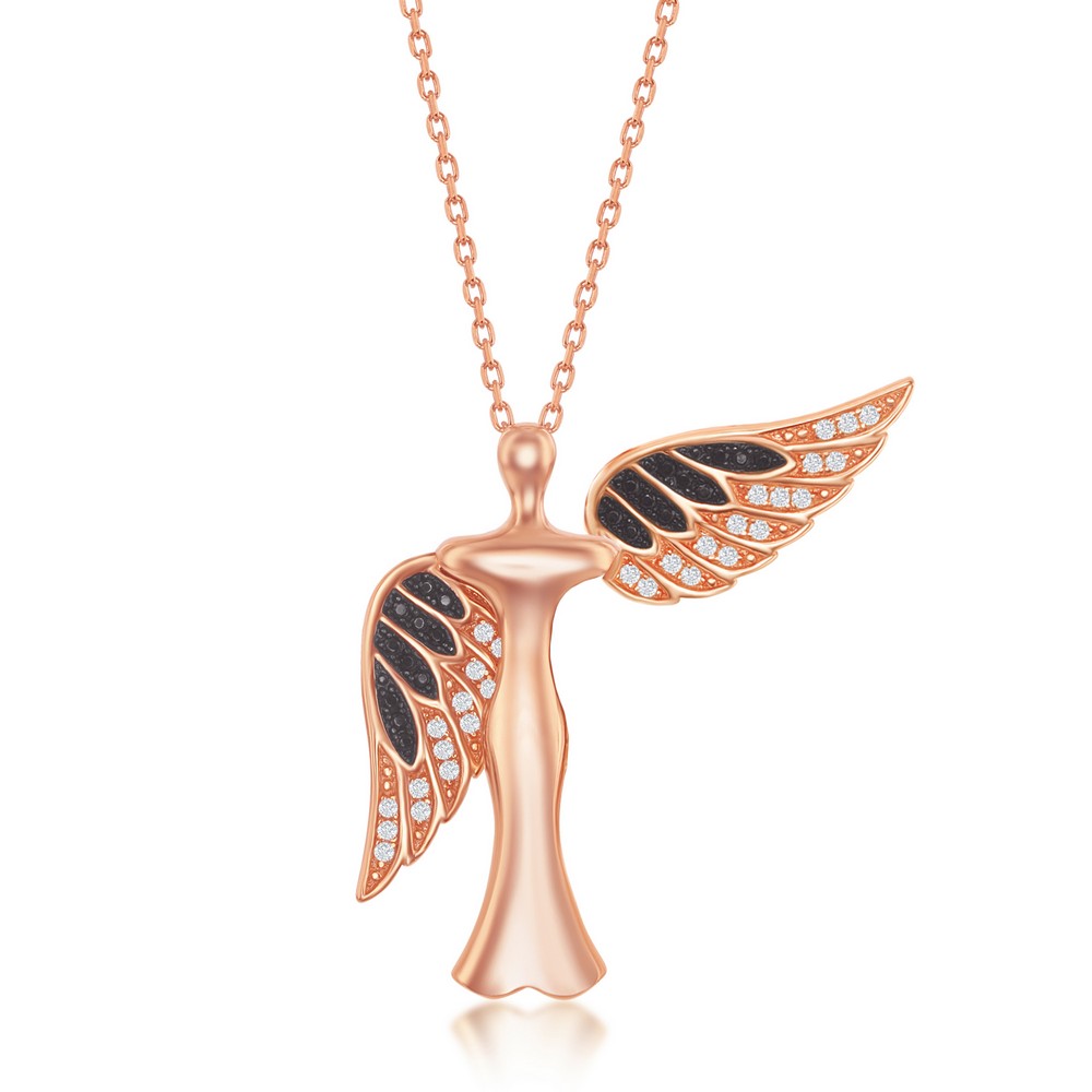 Sterling Silver CZ Angel Pendant W/Movable Wings - Rose Gold Plated