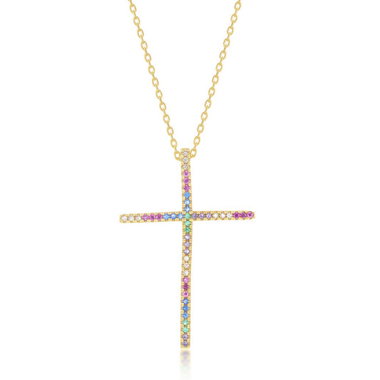 Sterling Silver Rainbow CZ Cross Pendant - Gold Plated