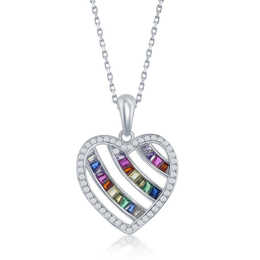 Sterling Silver 3-Row Rainbow CZ Chanel Set with CZ border Open Heart Pendant