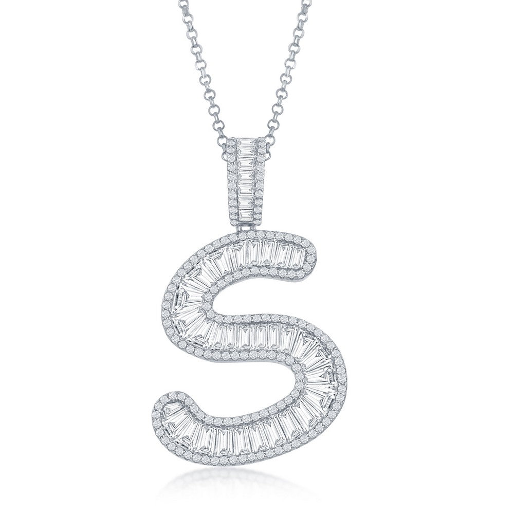 Sterling Silver Baguette CZ 'Extra Large' 'S' Initial Pendant W/Chain