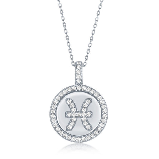 Sterling Silver Micro Pave 'Pisces' Zodiac Disc Pendant W/ Chain