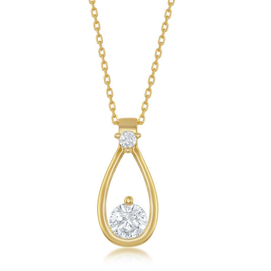 Sterling Silver Pearshaped, Round CZ Pendant - Gold Plated