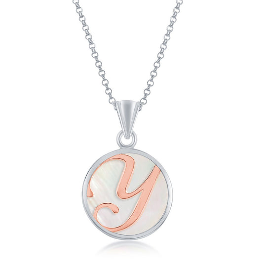 Sterling Silver MOP Pendant, Rose Gold 'Y' Script Initial W/Chain