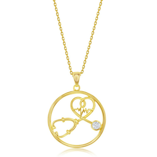 Sterling Silver CZ Stethoscope Heartbeat Pendant - Gold Plated