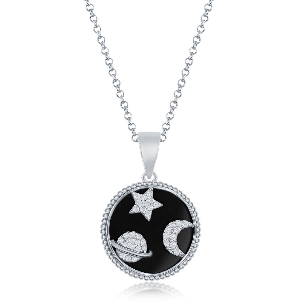 Sterling Silver CZ Star, Moon, Saturn Round Onyx Pendant