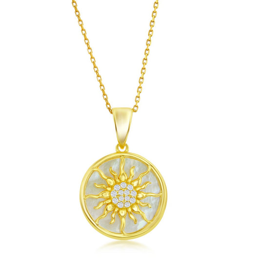 Sterling Silver CZ Sun Round MOP Pendant - Gold Plated