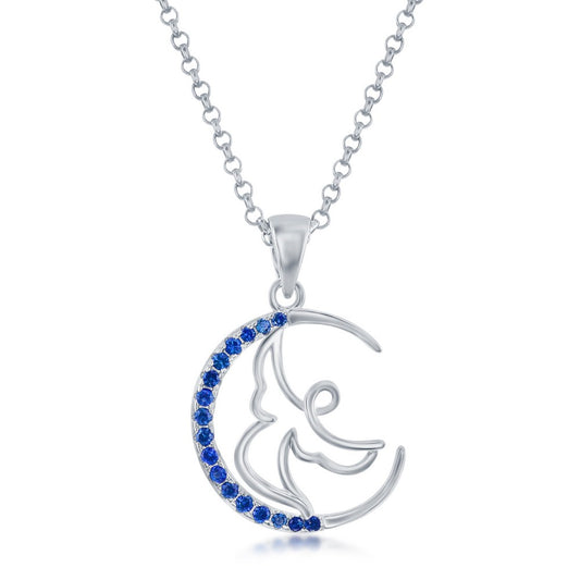 Sterling Silver Angel Crescent Moon Pendant - Sapphire CZ