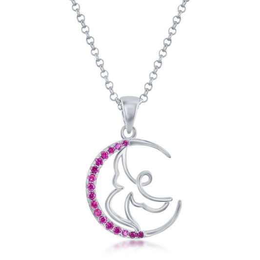 Sterling Silver Angel Crescent Moon Pendant - Ruby CZ